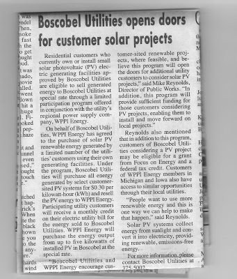 Boscobel Utilities will pay $.30 per kilowatt hour for solar electricity