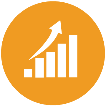 Orange circle with ascending bar graph and upward arrow