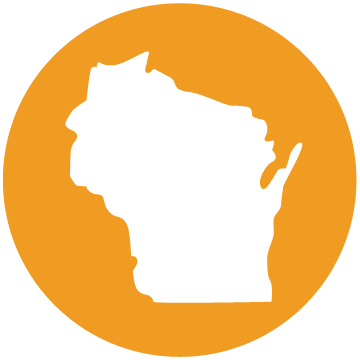 Orange circle with white Wisconsin state in center